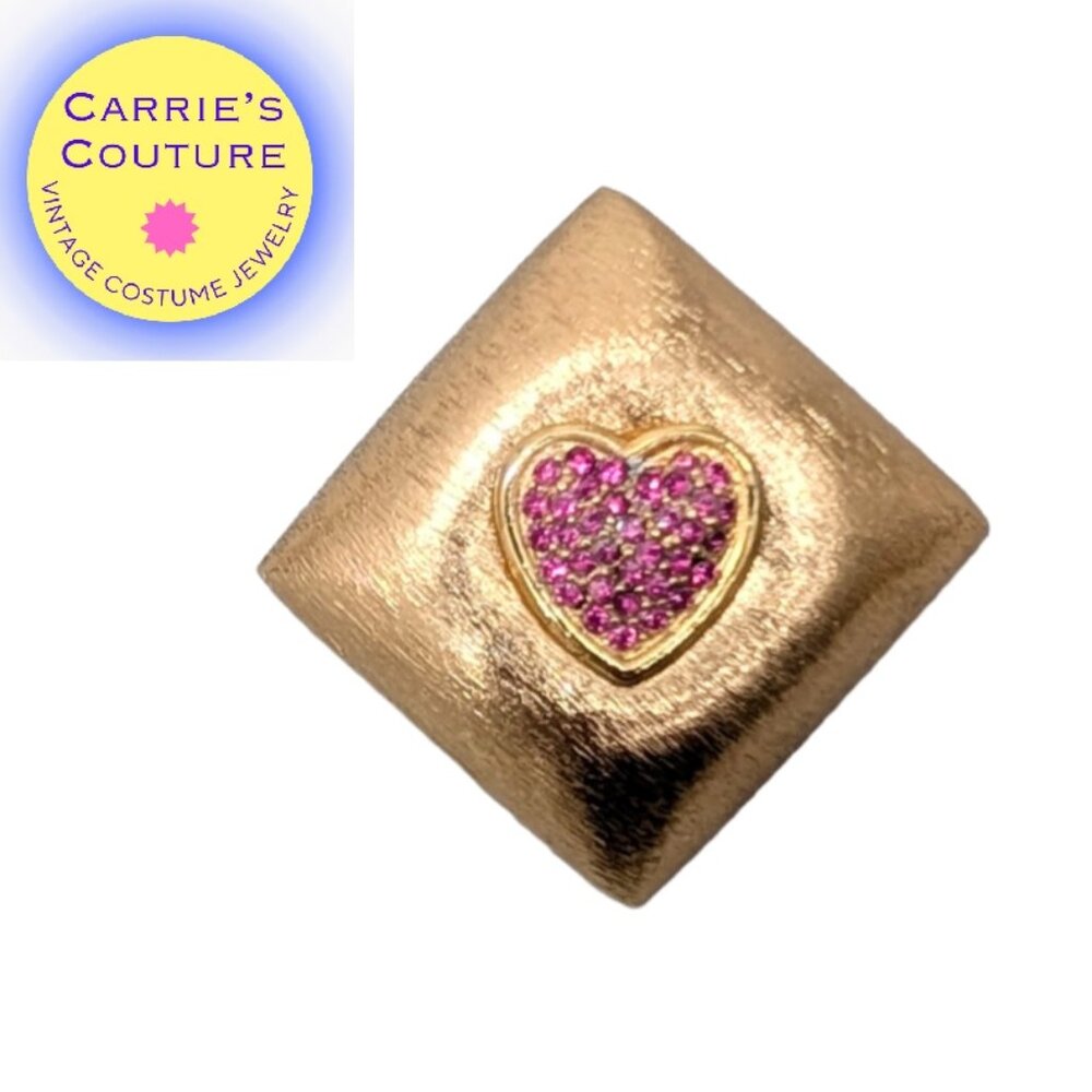 Vintage Signed Napier Goldtone Pavé Faux-Ruby Heart Brooch
